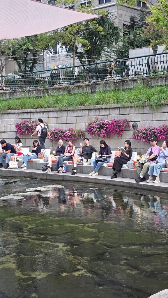 Stepping stones across Cheonggyecheon stream near the outdoor library
